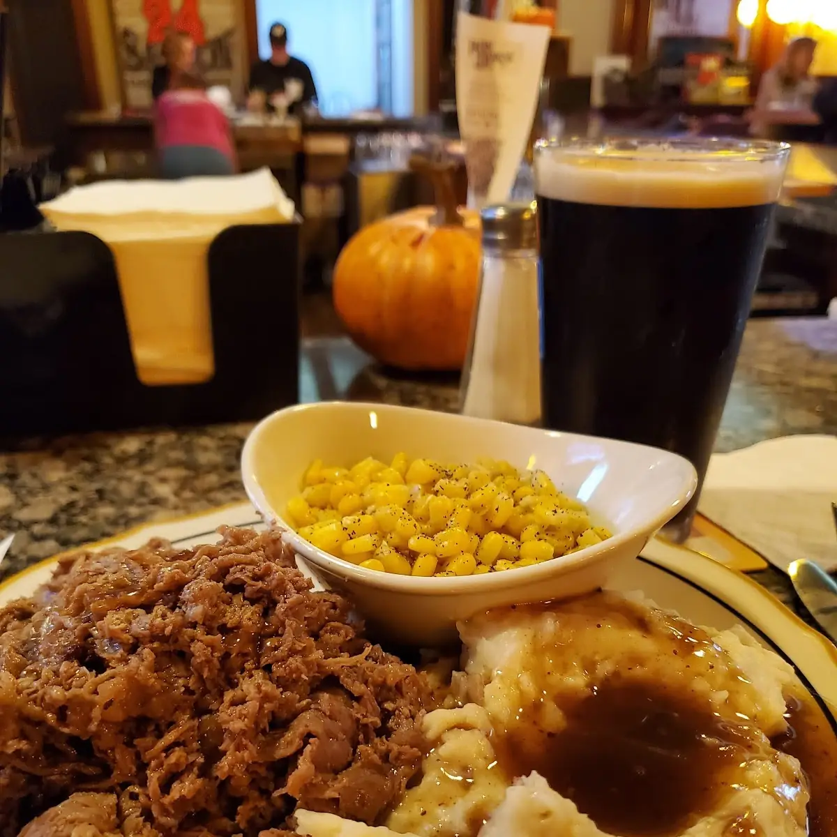 Shredded Beef Homemade Mashed Potatoes and Gravy Sweet Corn