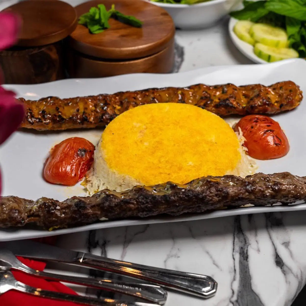 Ground Beef Skewers with Saffron Rice