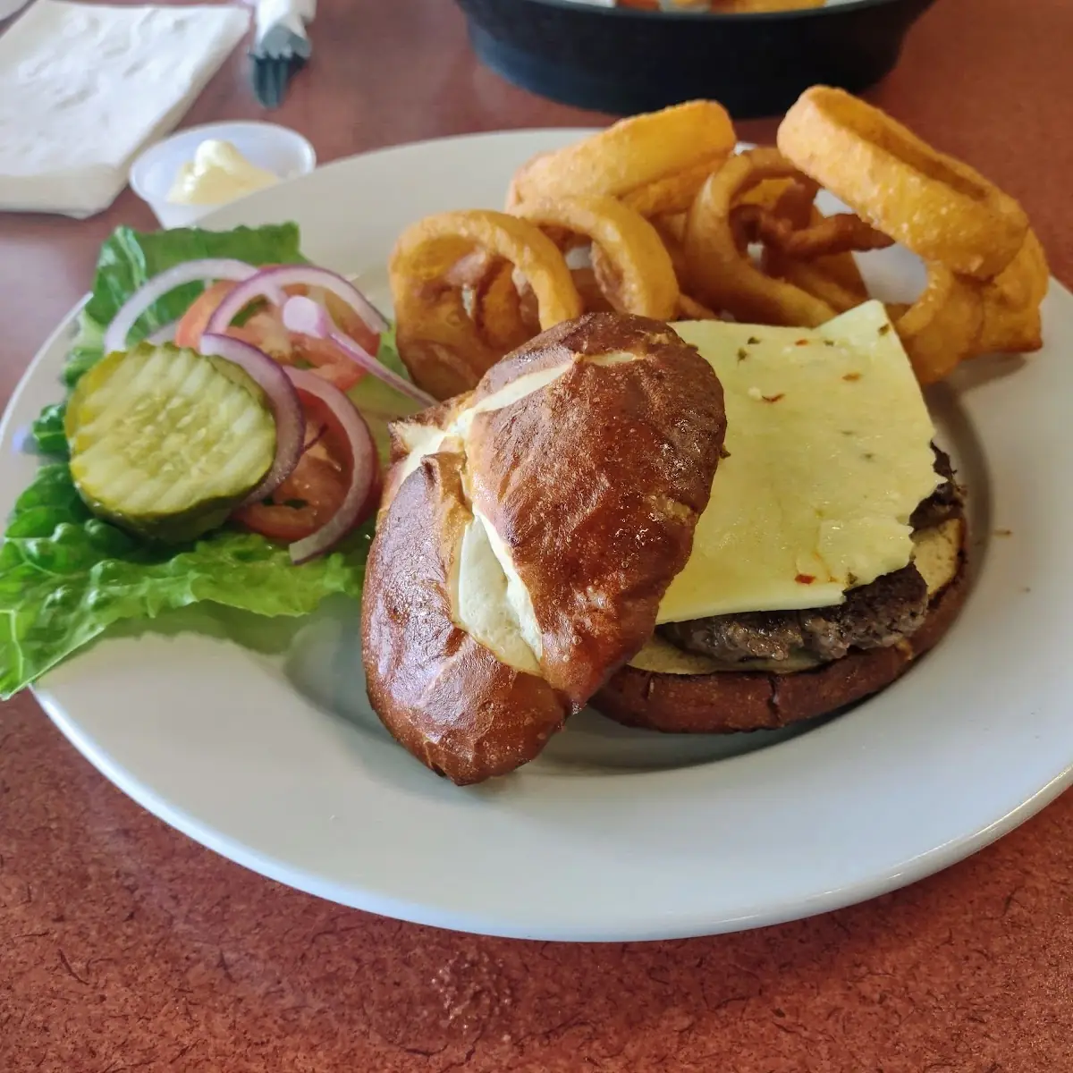Pepper Jack Cheeseburger and Onion Rings