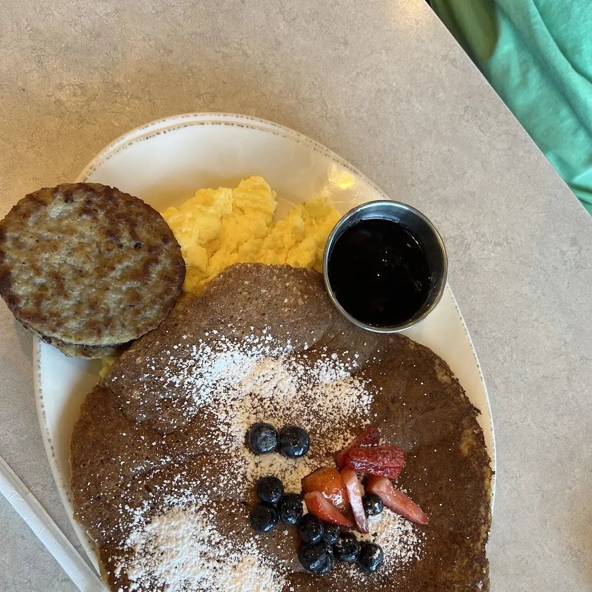 Oatmeal Pancake with Scrambled Eggs and Bacon