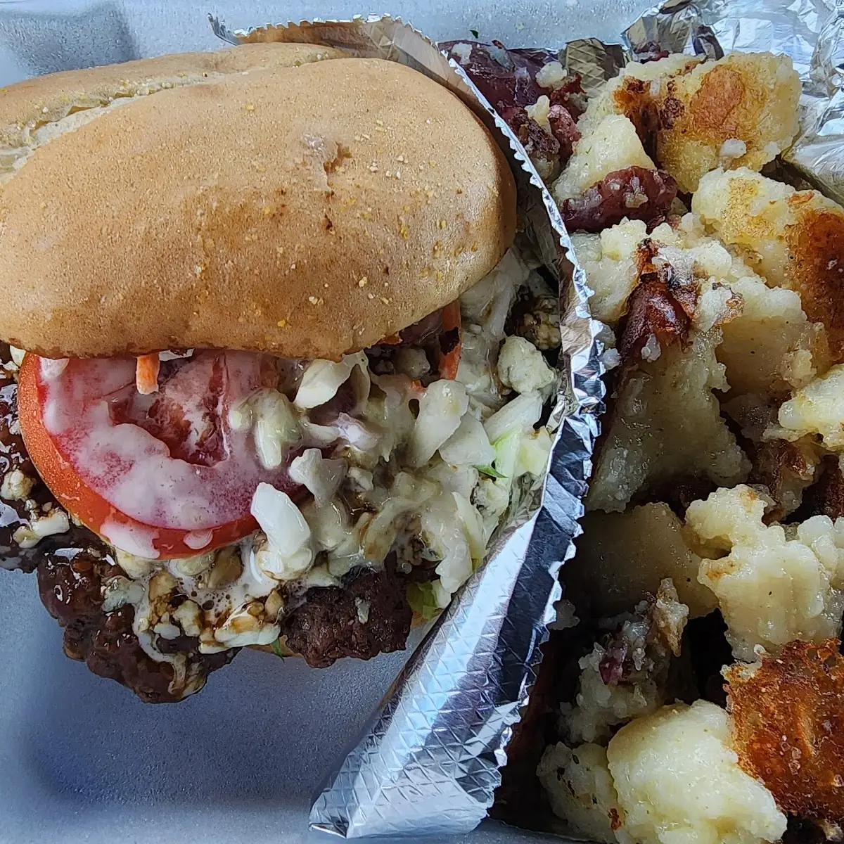 Black N Blue Burger with Smashed Potatoes