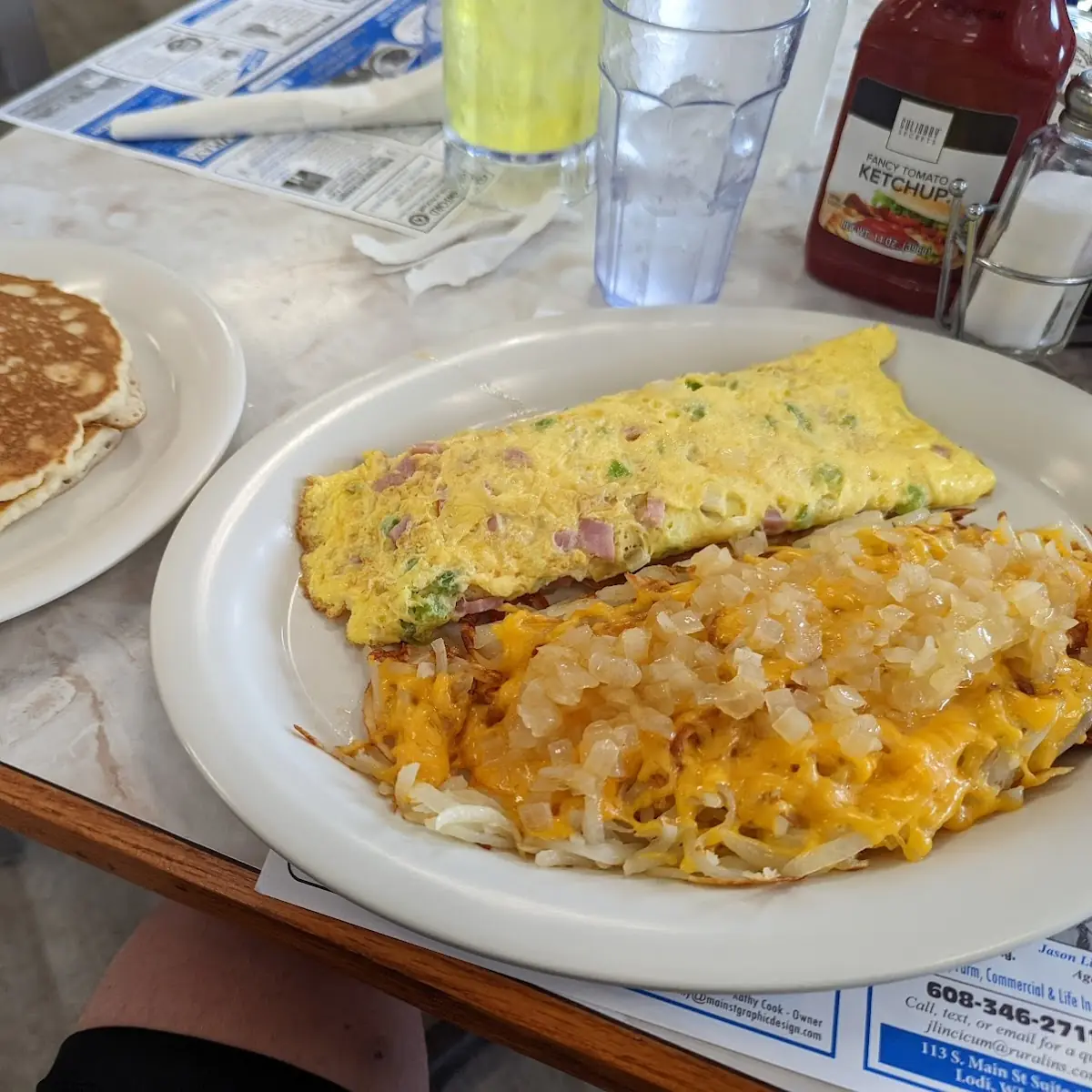 Denver Omelette and Hash Browns with Cheese & Onions