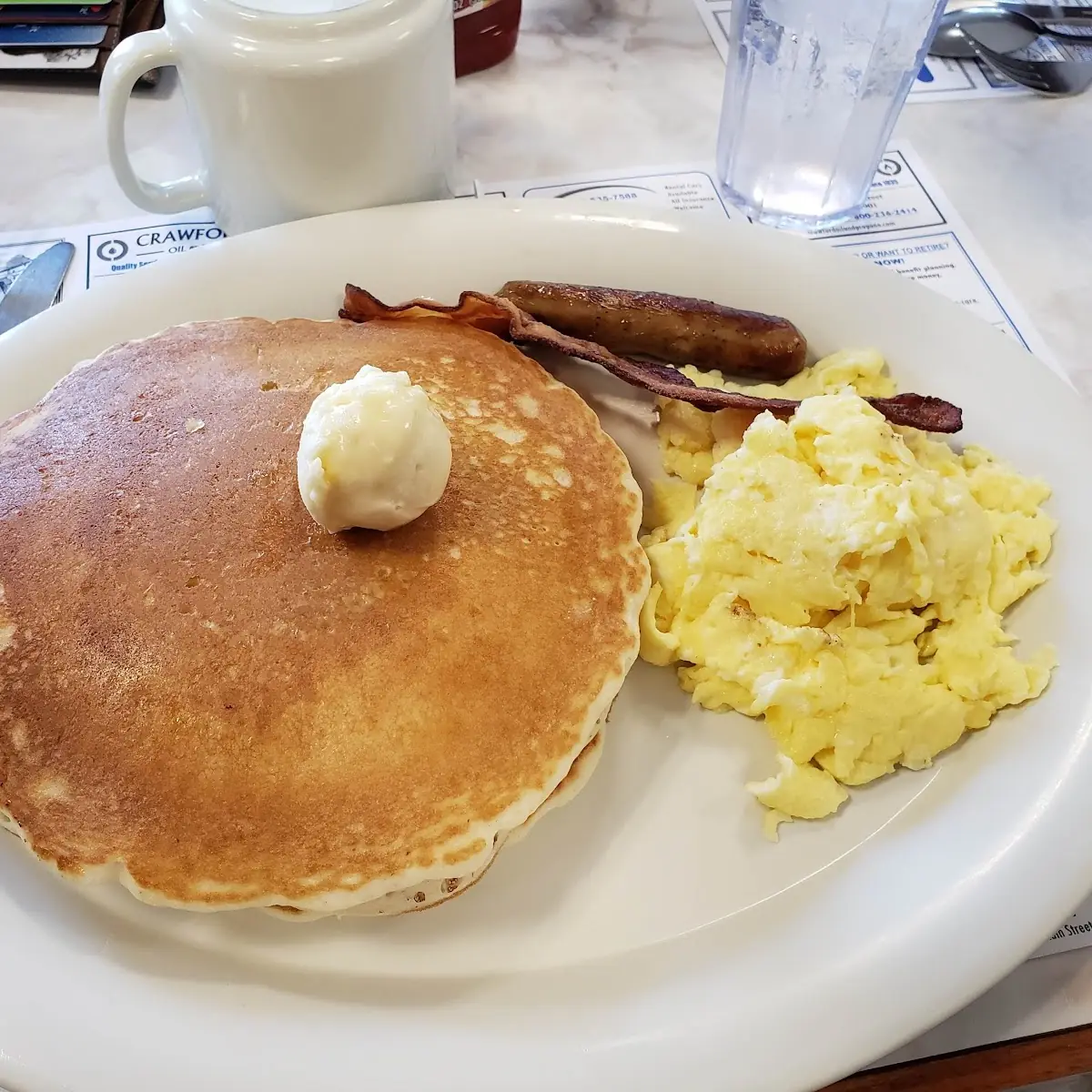 Pancakes Eggs Bacon and Sausage Links