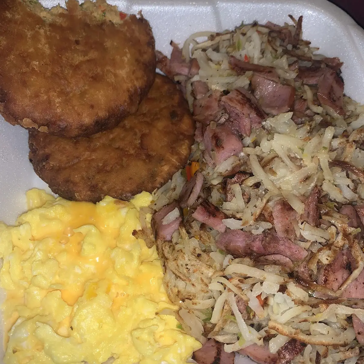 Bacon Sausage or Ham Eggs Hashbronws