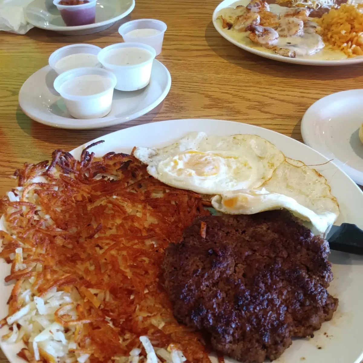 Hamburger Patty Breakfast Hash Browns Requested Extra Crispy