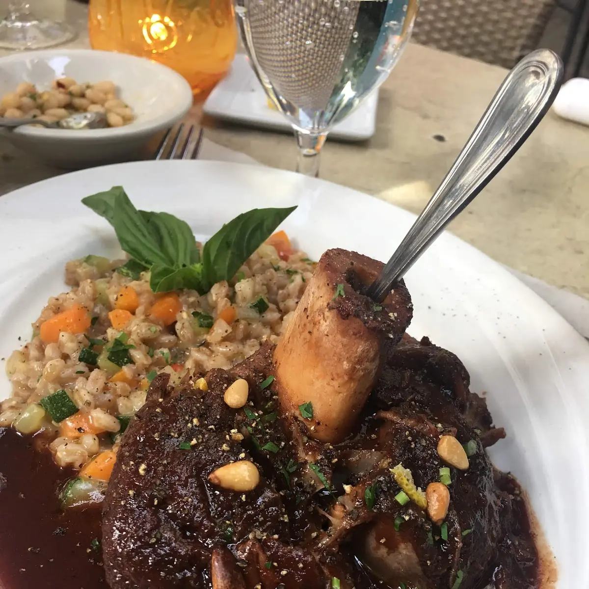 Braised Lamb Shank Toasted Almond Gremolata Mascarpone Risotto and Candied Mint