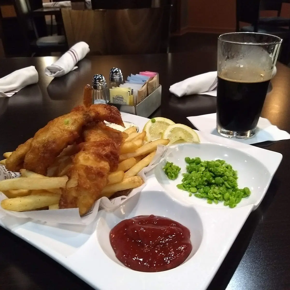 Walleye Fish and Chips with Mushy Peas