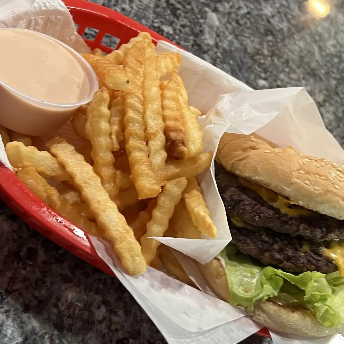 Burger and Fries with Cheese