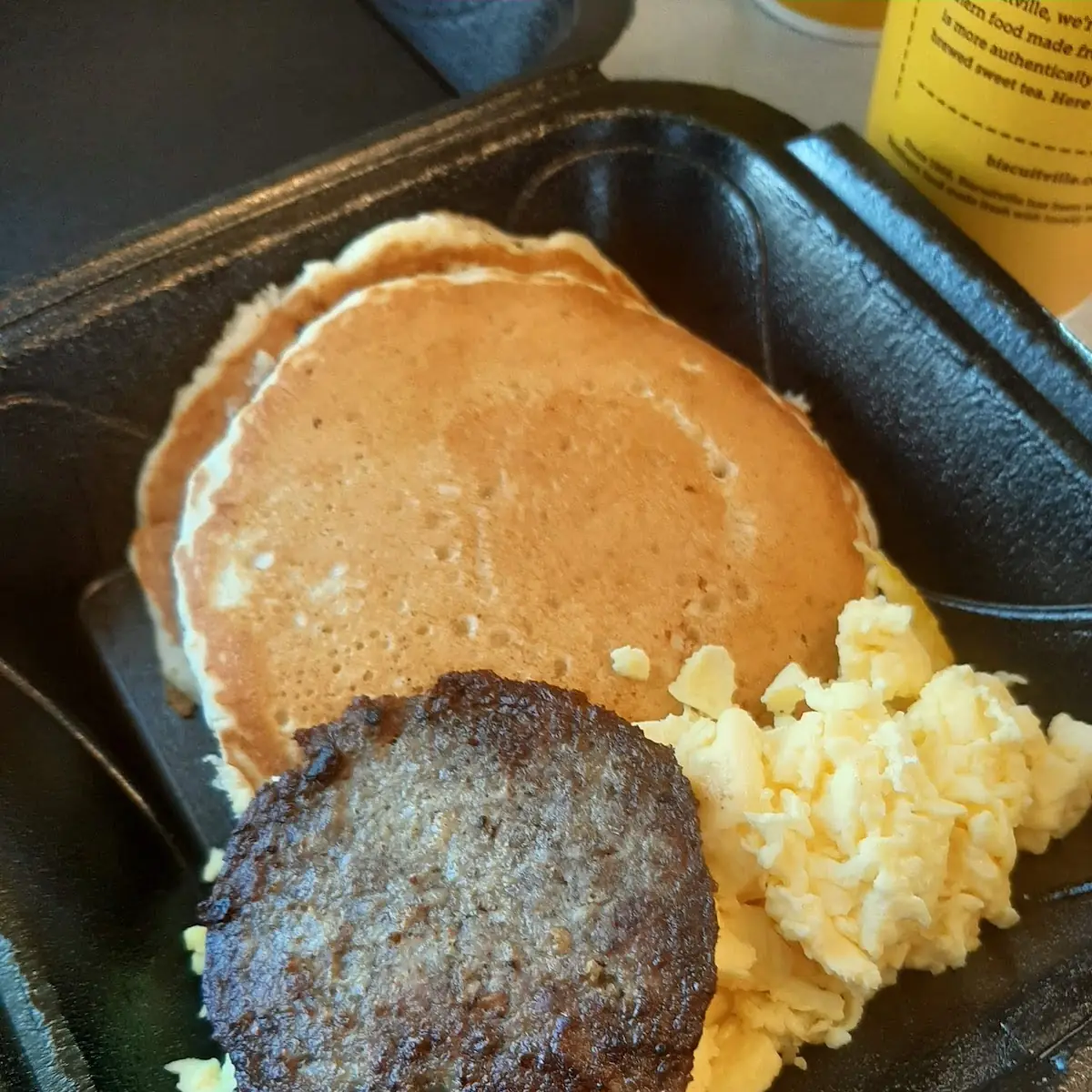 Pancakes Scrambled Eggs and Sausage Pattie