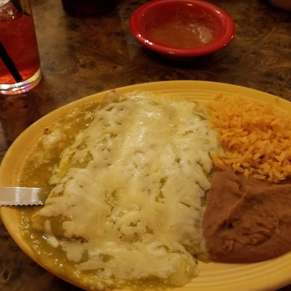 Salsa Verde Beef Enchiladas with Rice and Beans