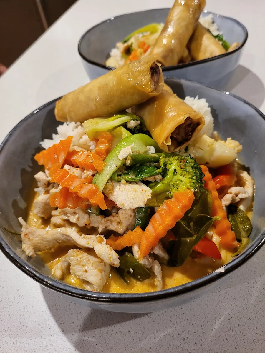 Chicken Penang Curry with Coconut Rice and Spring Rolls, Yai’s Thai Takeaway & Cafe