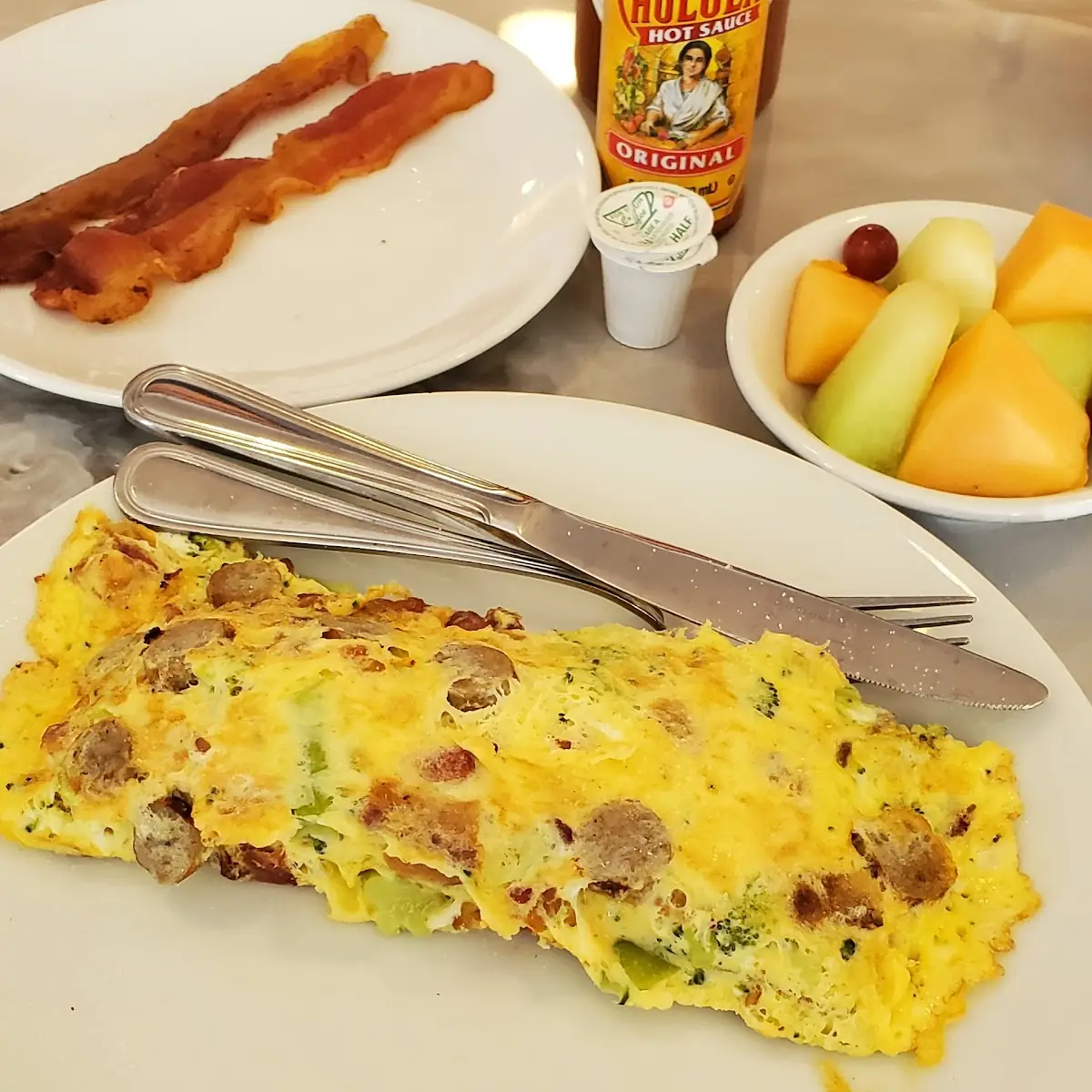 Bacon Sausage Broccoli Omelet with Fruit