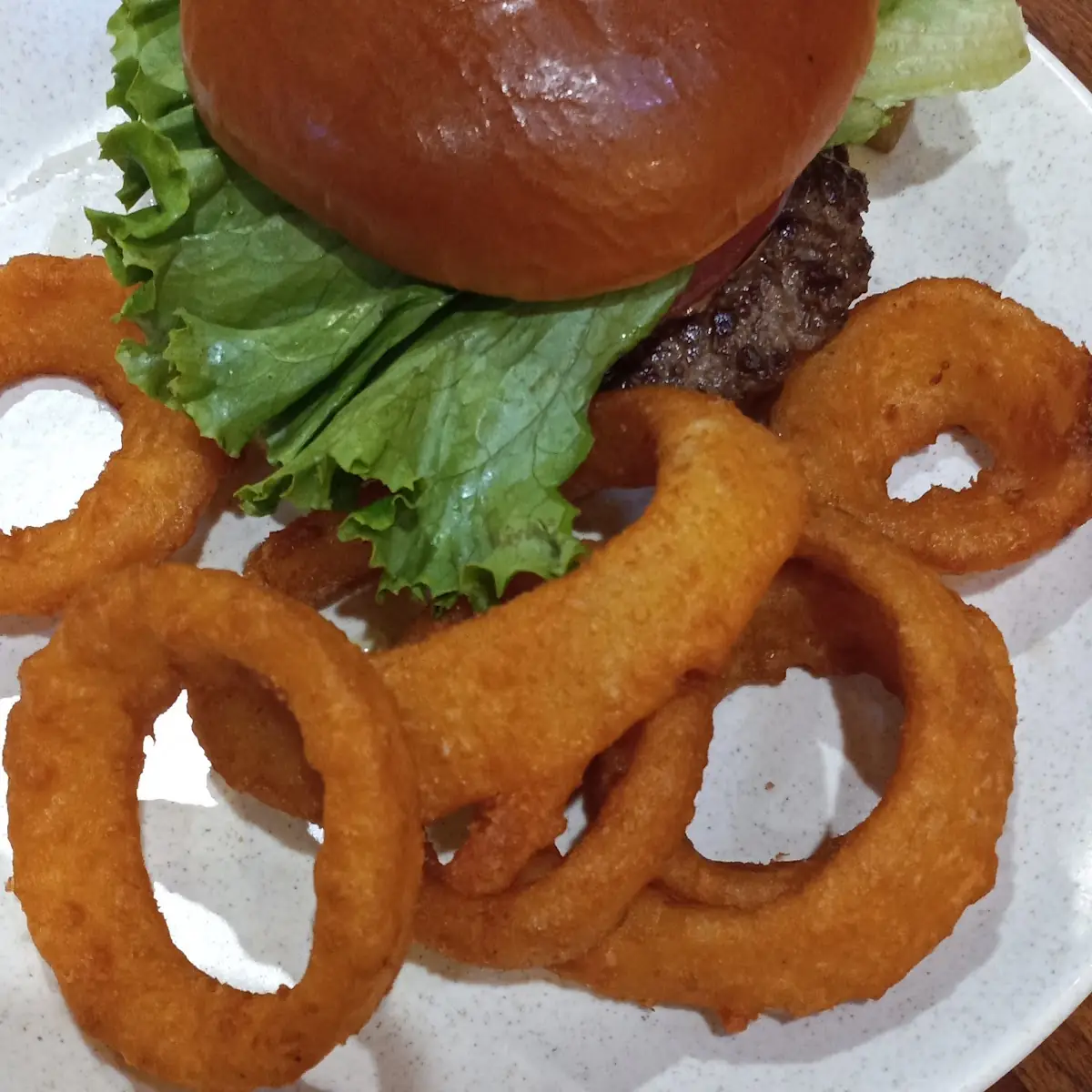 Mushroom Burger and Onion Rings