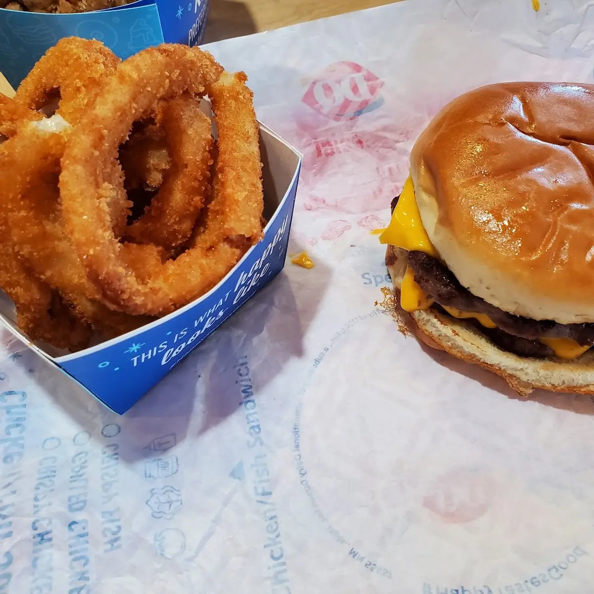 Double Cheese Burger and Onion Rings