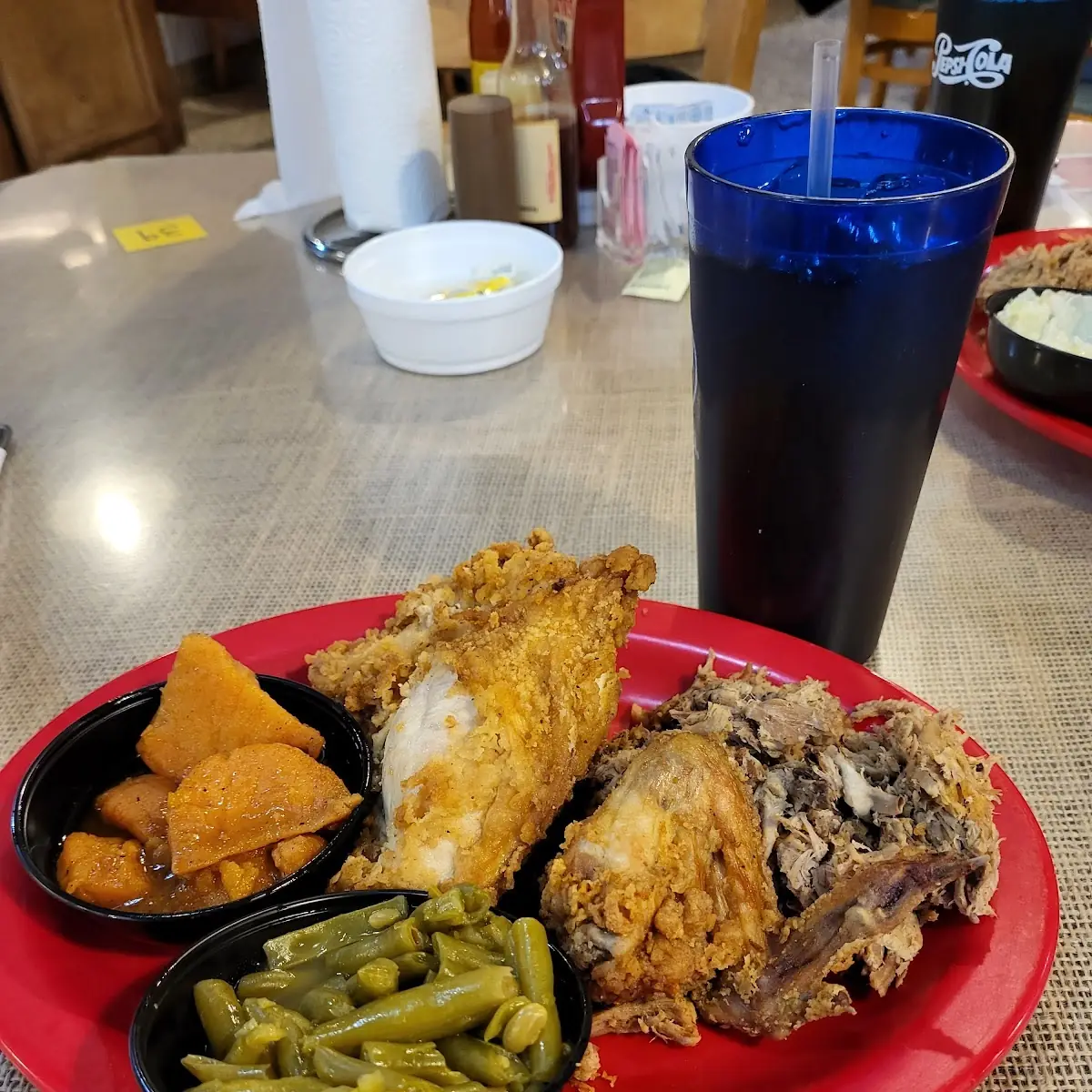 BBQ Pork Fried Chicken Yams Green Beans