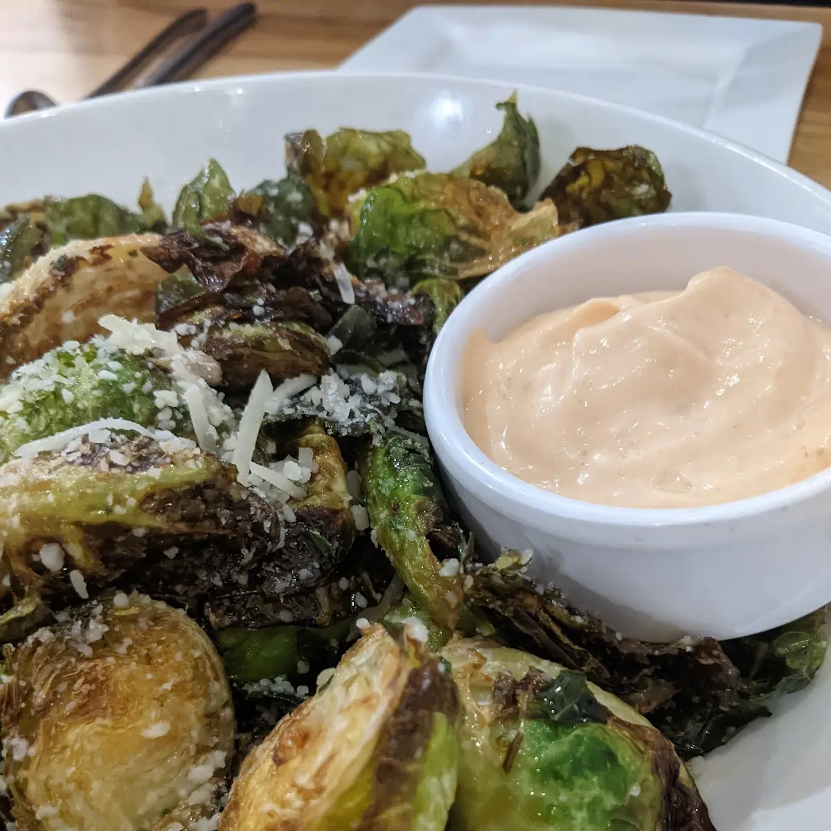 Fried Brussels Sprouts with Parmesan Cheese and Chili Lime Dipping Sauce as Seen on Iowa Ingredient
