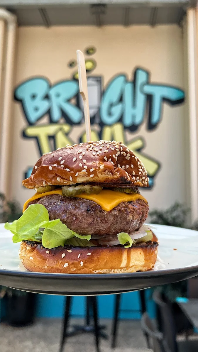 Dry Aged Double Beef Burger Bacon Cheese House BBQ Sauce, Bright Tank Brewing Co