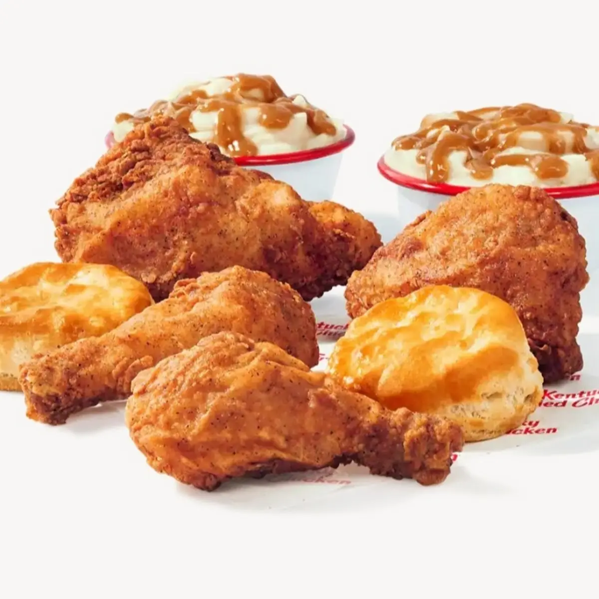 Four Piece Fried Chicken 2 Mashed Potatoes and Gravy 2 Biscuits