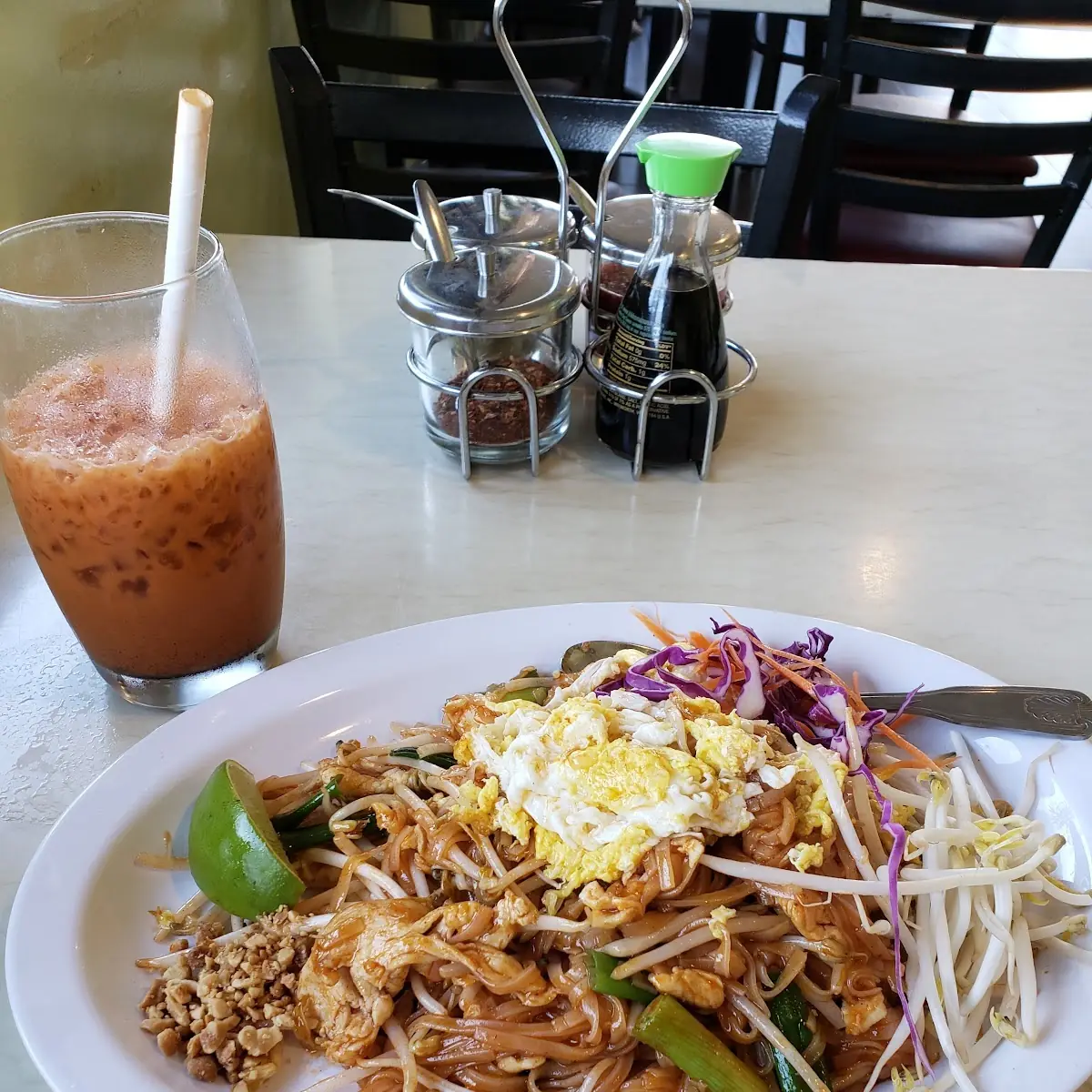 Chicken Pad Thai and Thai Iced Tea