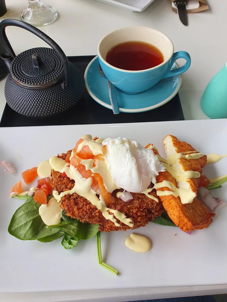 Zucchini and Corn Fritter with Poached Egg and Salmon with Fried Haloumie on the Side, Seasalt Cafe & Restaurant