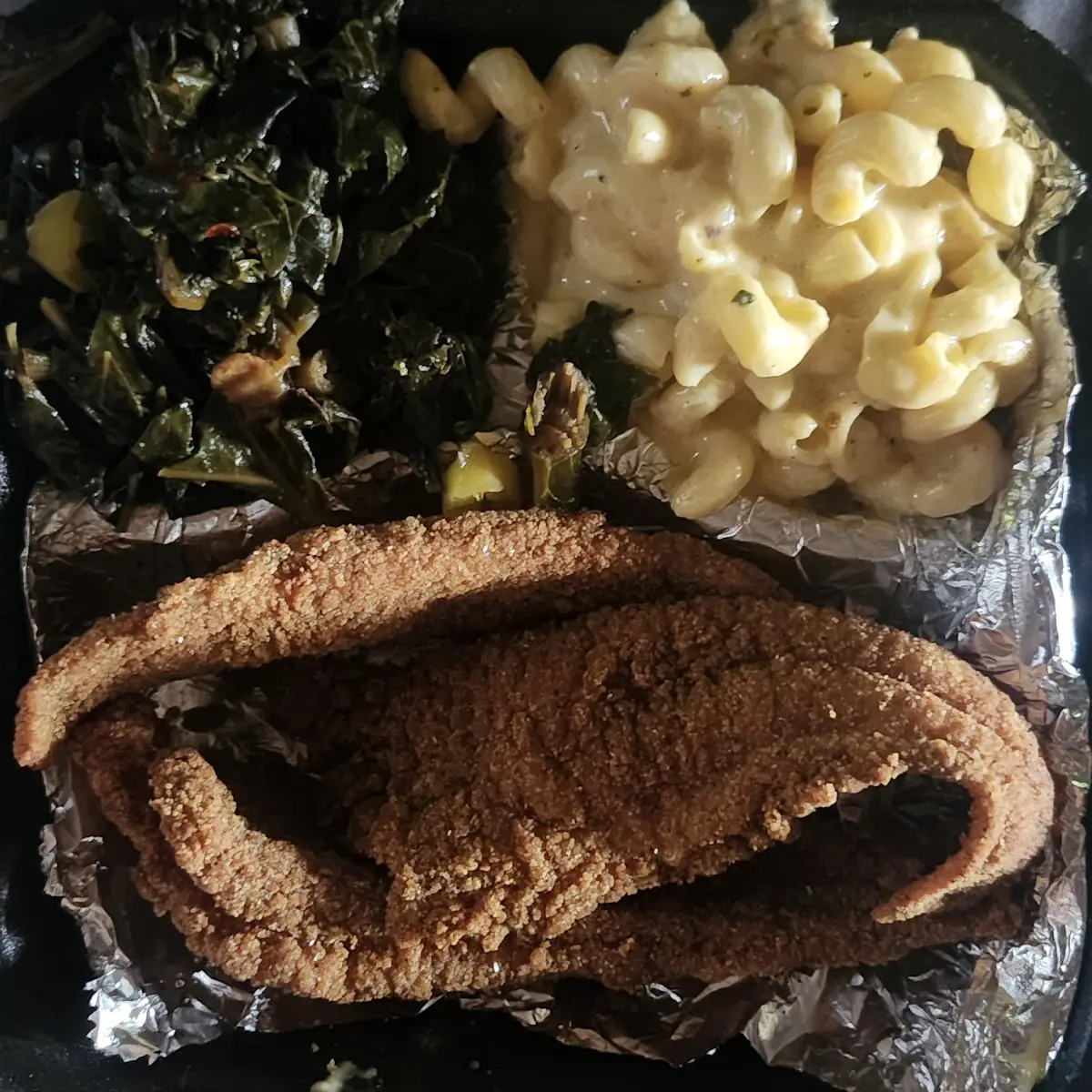 Catfish Greens and Mac N Cheese