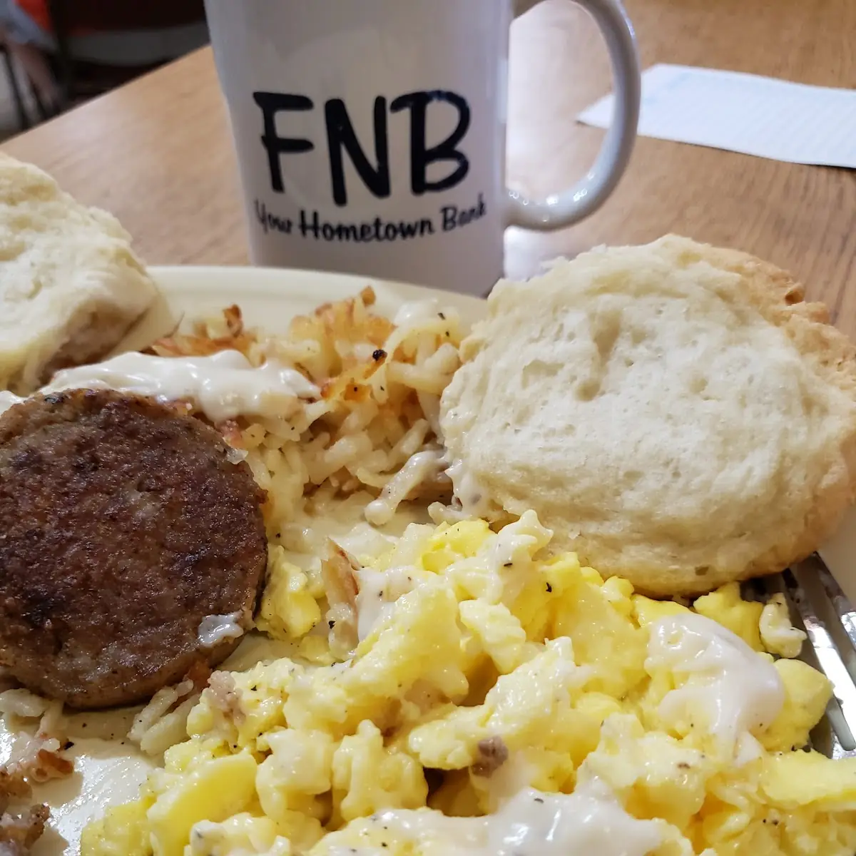 Scrambled Eggs with Sausage and Biscuits