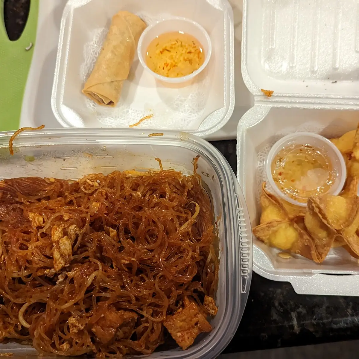 Red Curry Noodles Crab Rangoon and a Vegetable Egg Roll