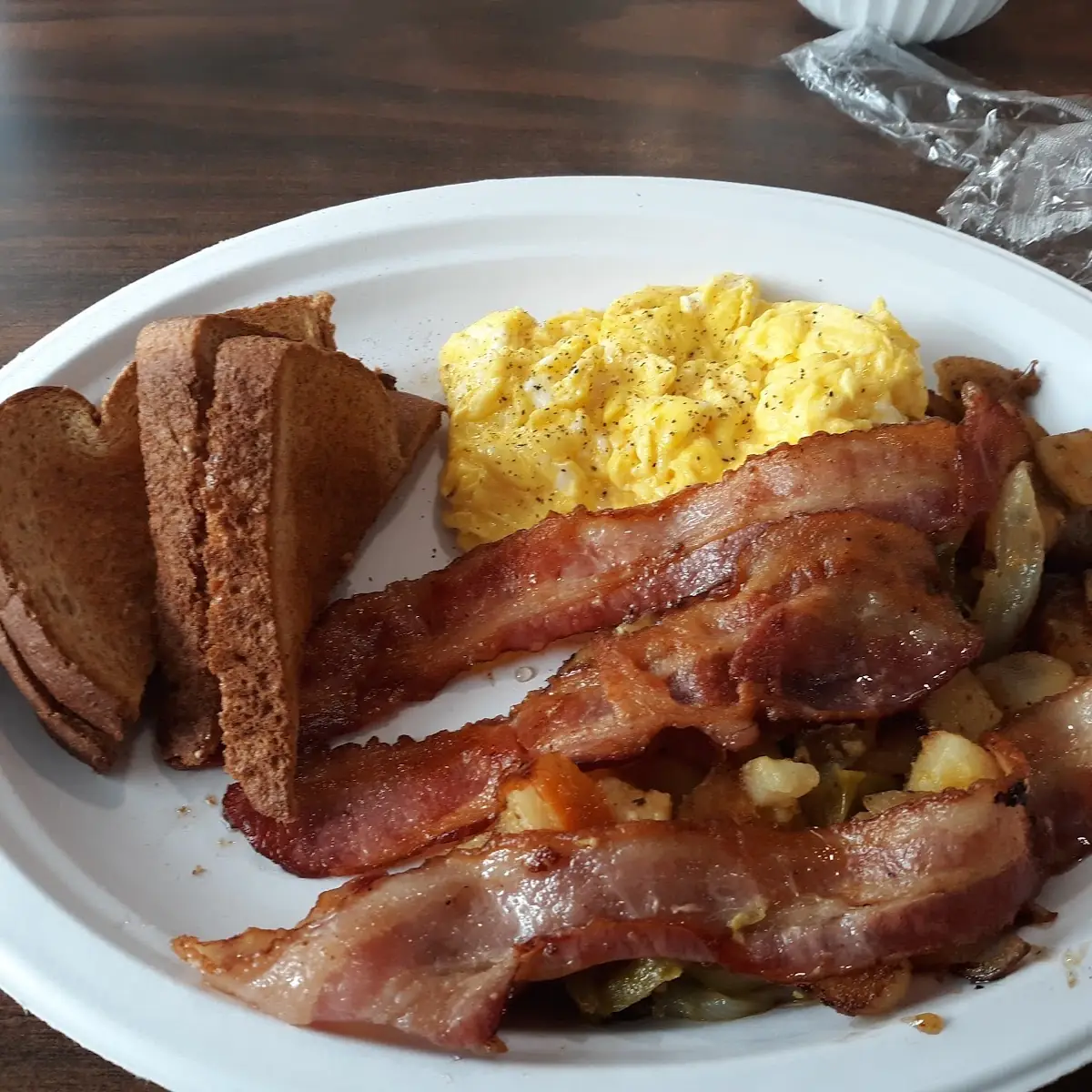 Scrambled Eggs with Hash Browns Bacon & Toast