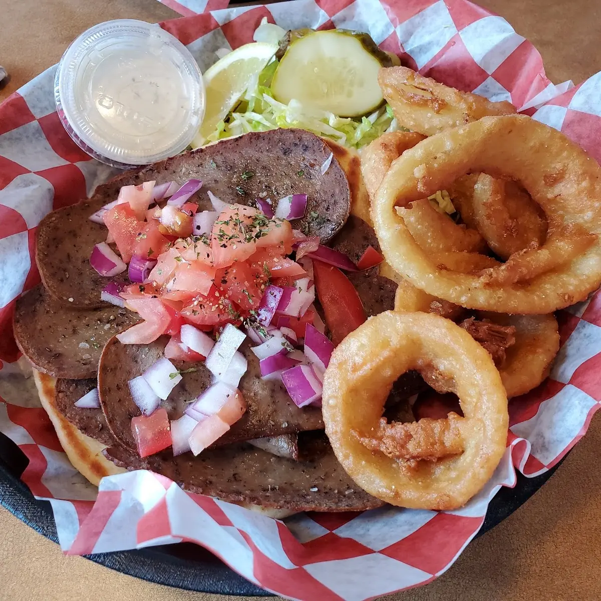 Gyro Sandwich and Onion Rings
