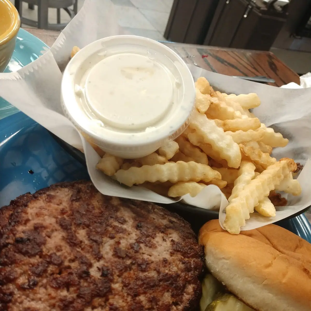 Burger and Fries with Ranch Dressing