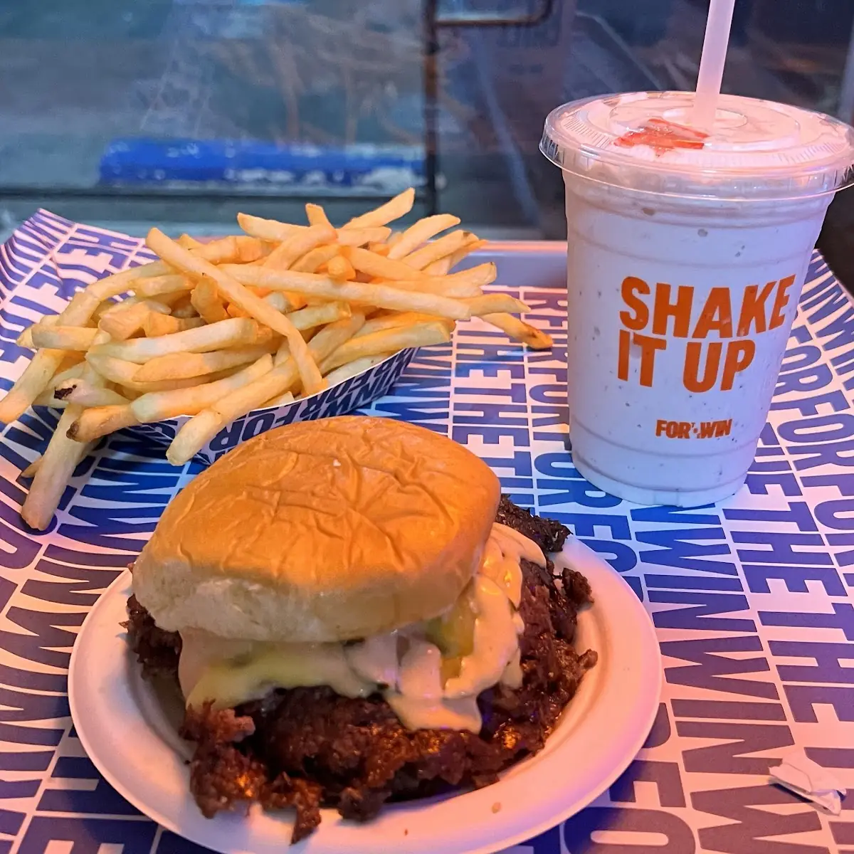 Double Cheeseburger with Fries and Strawberry Shake