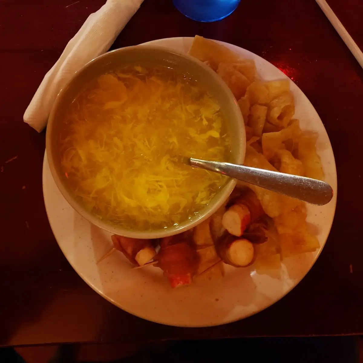 Egg Drop Soup with Fried Wonton Strips and Bacon Wrapped Shrimp