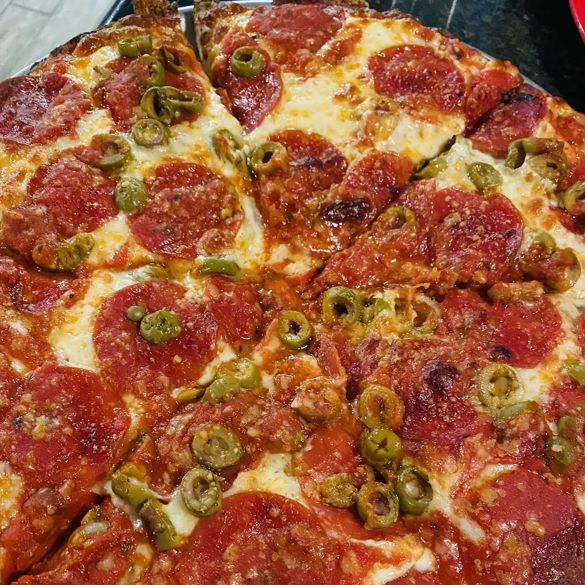 Pepperoni and Green Olive Pizza