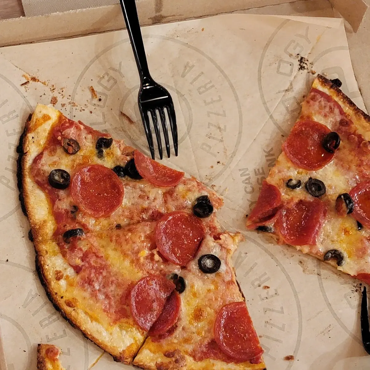 Pepperoni and Black Olives on Thin Crust