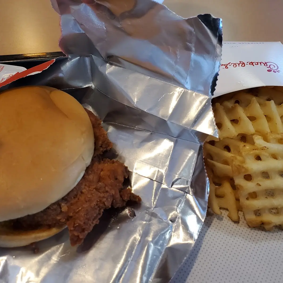 Spicy Chicken Sandwich and Medium Waffle Fries