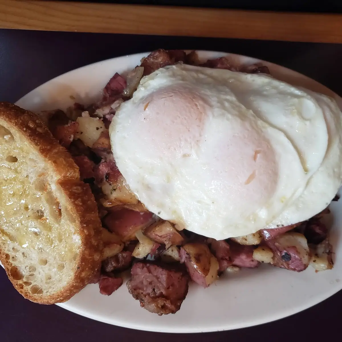 Corned Beef Hash and Eggs Sourdough Toast