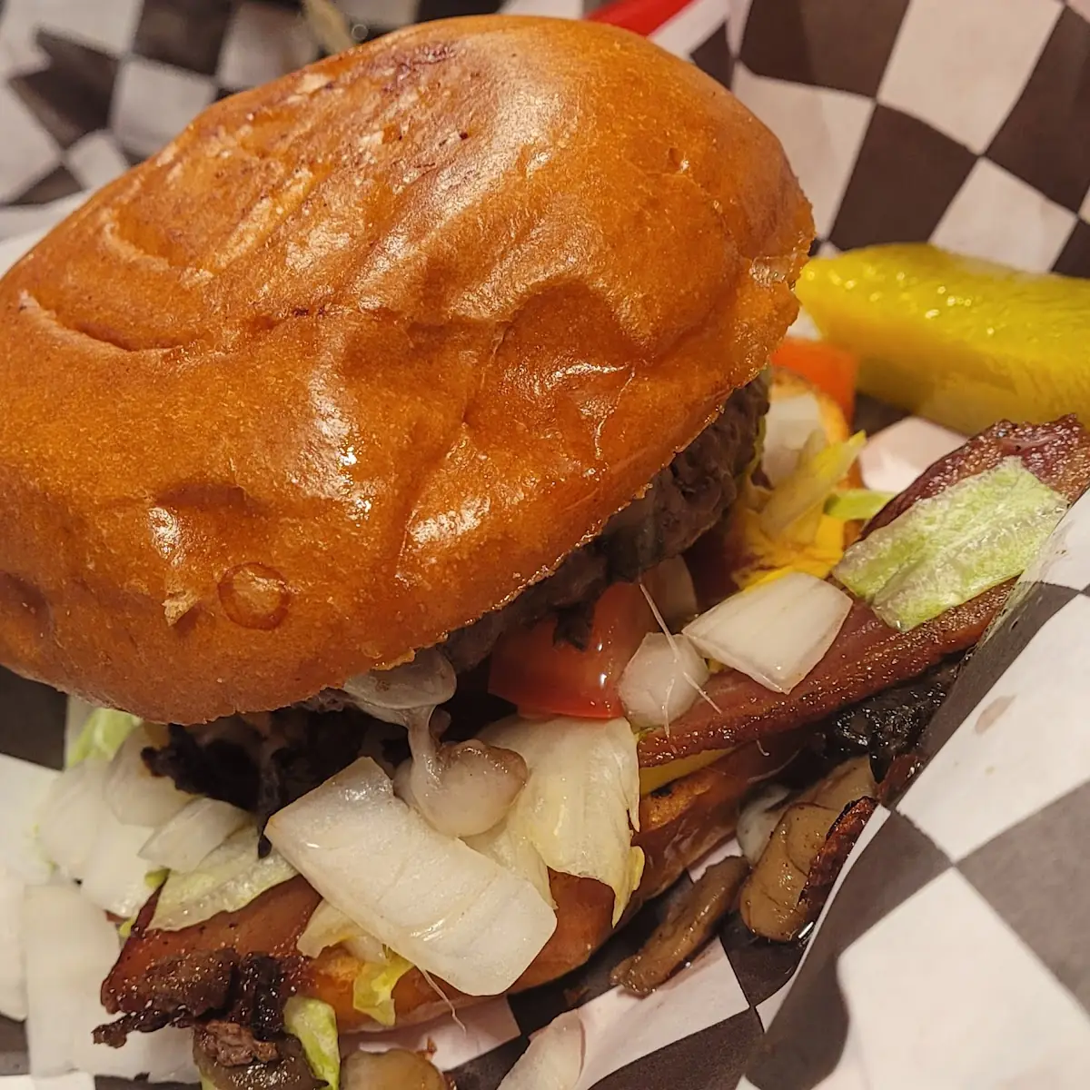 Swiss Mushroom Burger with Bacon Cheeseburger