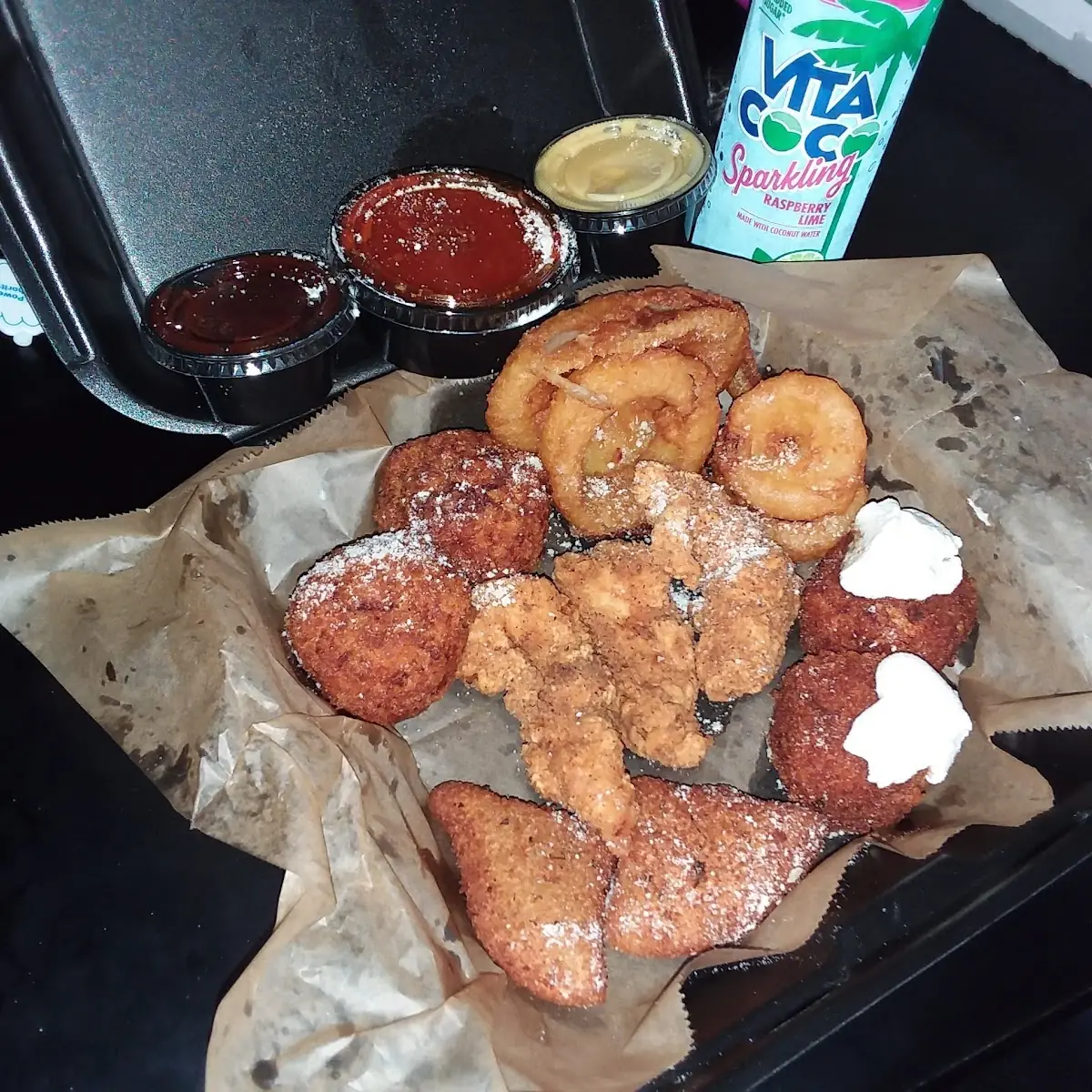 Sampler Tenders Mac N Cheese Bites Rice Balls