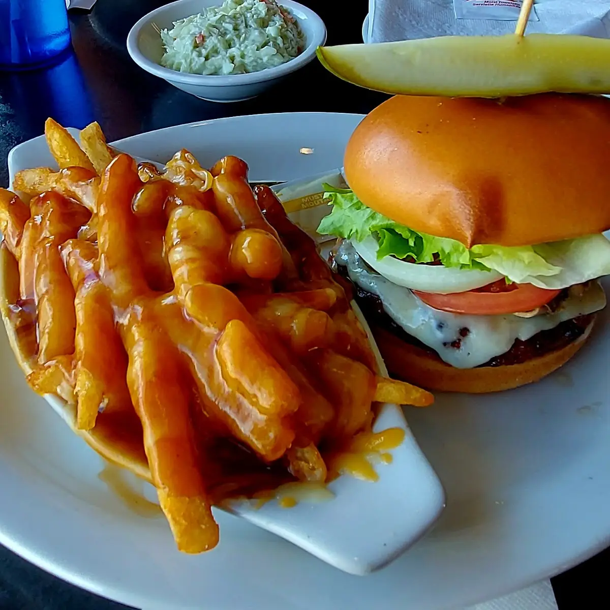 Mushroom Swiss Burger and Poutine