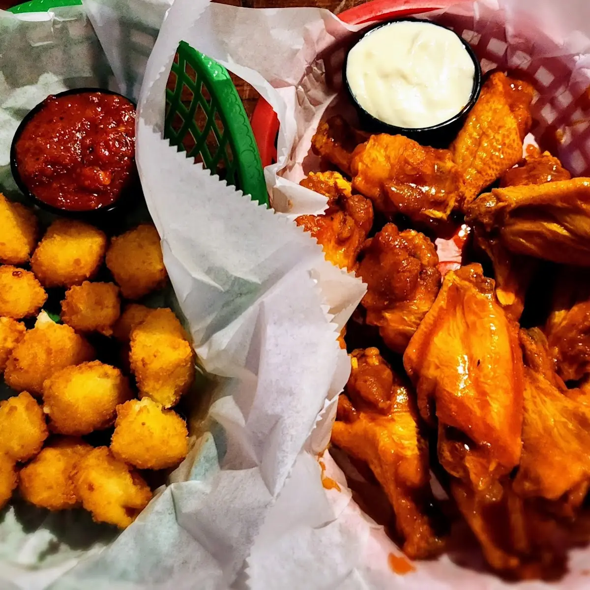 Fried Cheese Curds and Buffalo Wings