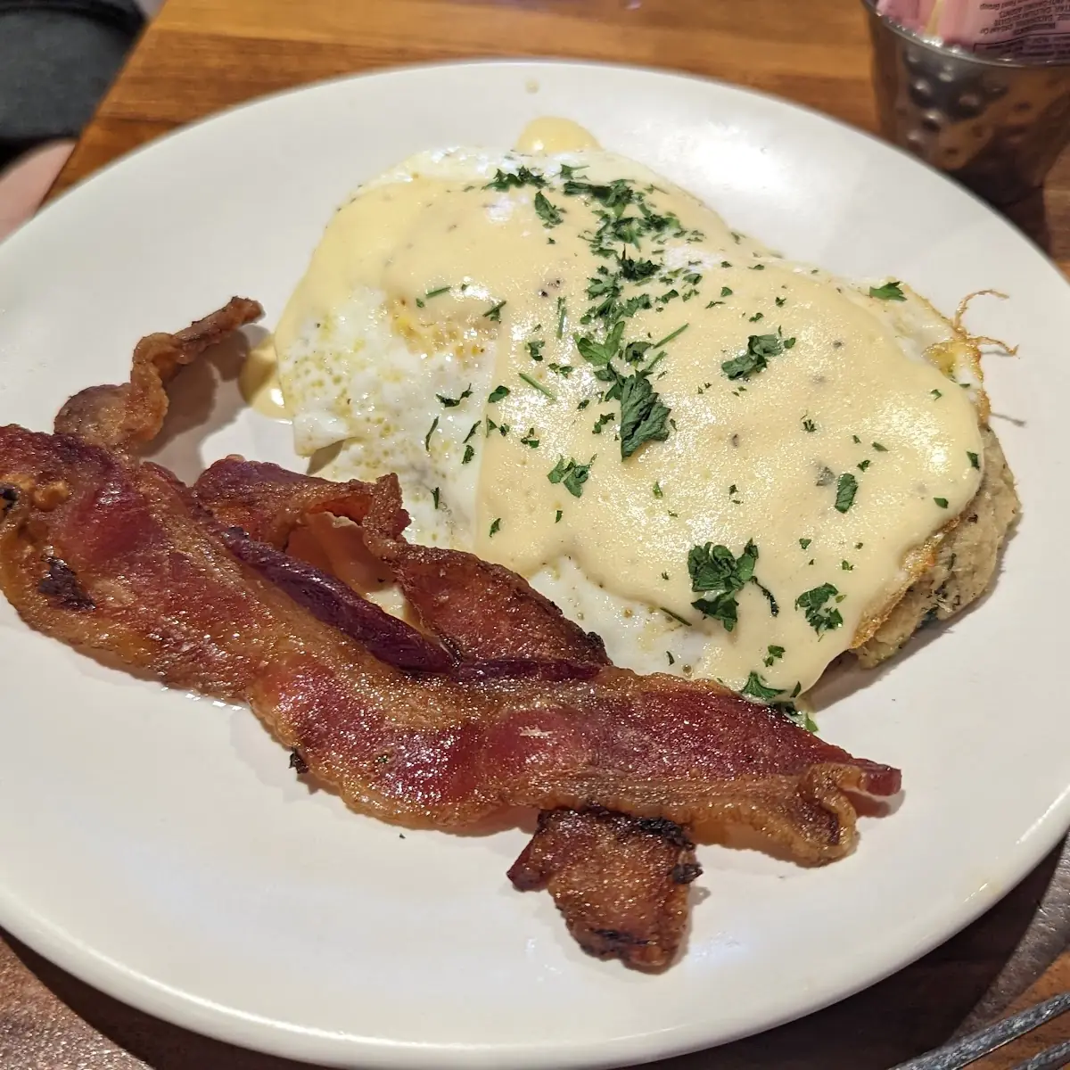 Crab Cakes with Eggs Benedict and Bacon