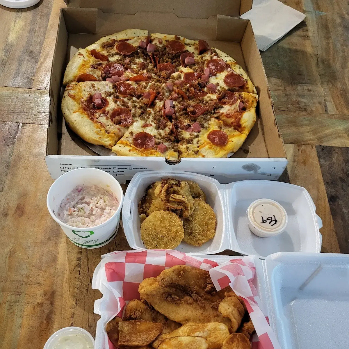 Catfish Dinner & Pizza Meat Lovers Pizza