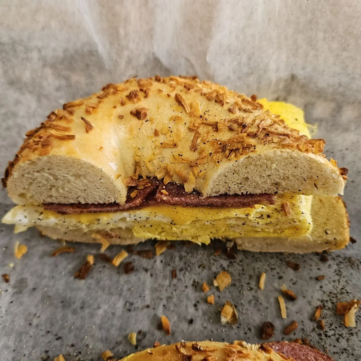 Onion Bagel with Pork Roll Egg Cheese