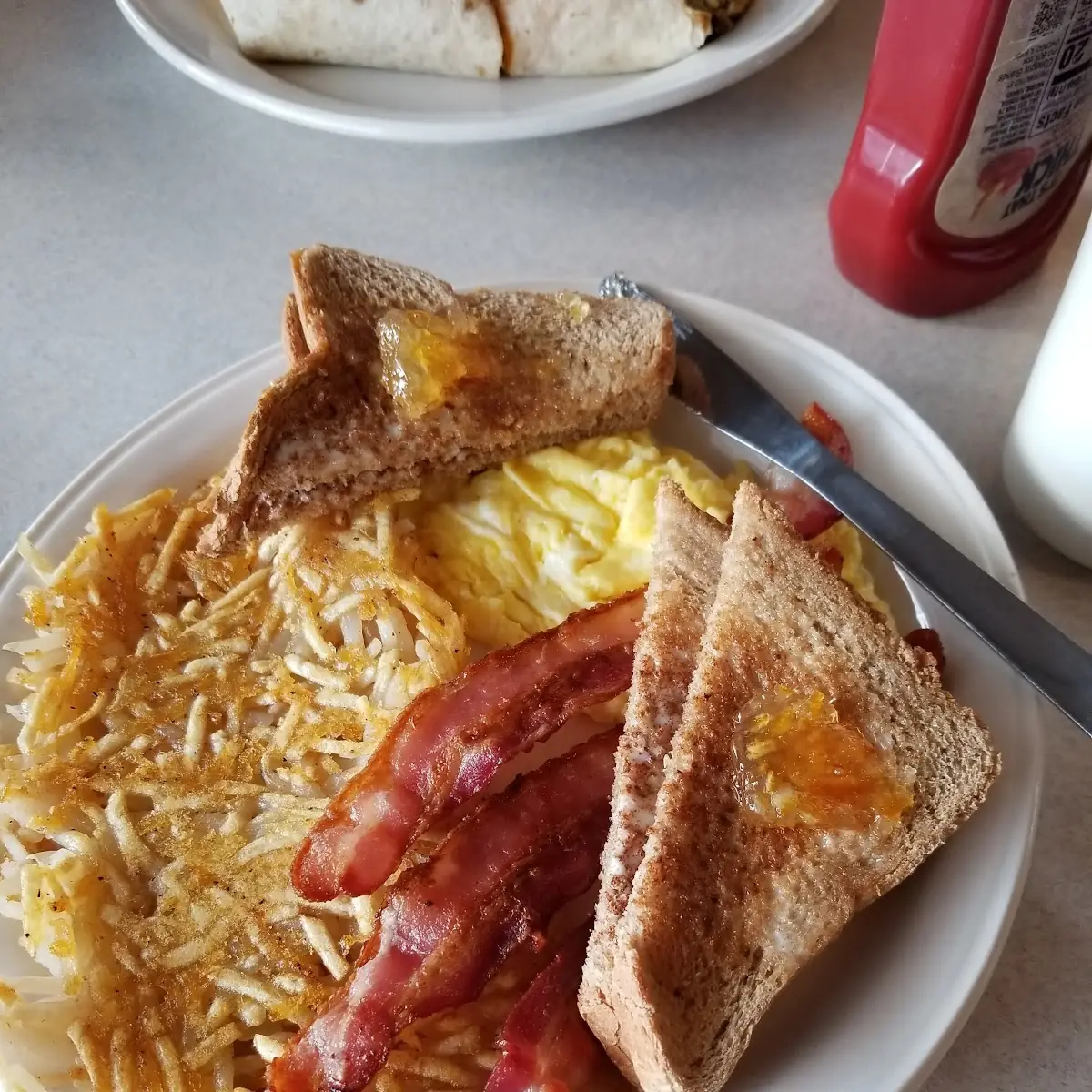 Scrambled Eggs Bacon Hash Browns Toat