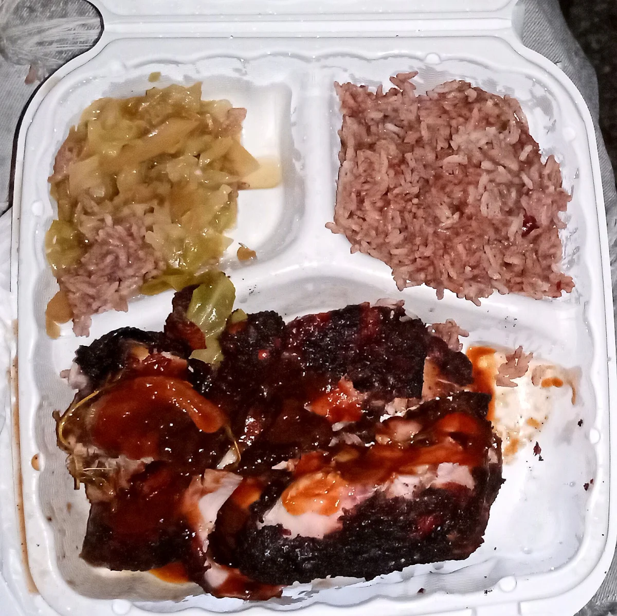 Jerk Chicken Plate w Cabbage Rice & Peas