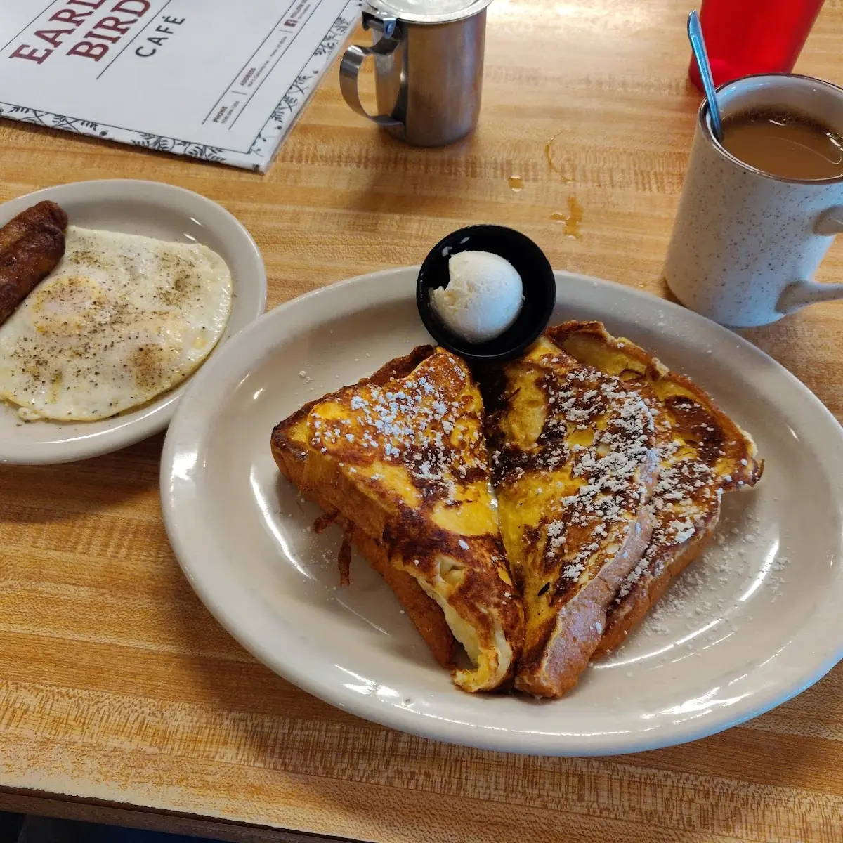 French Toast Eggs over Medium and Sausage Links