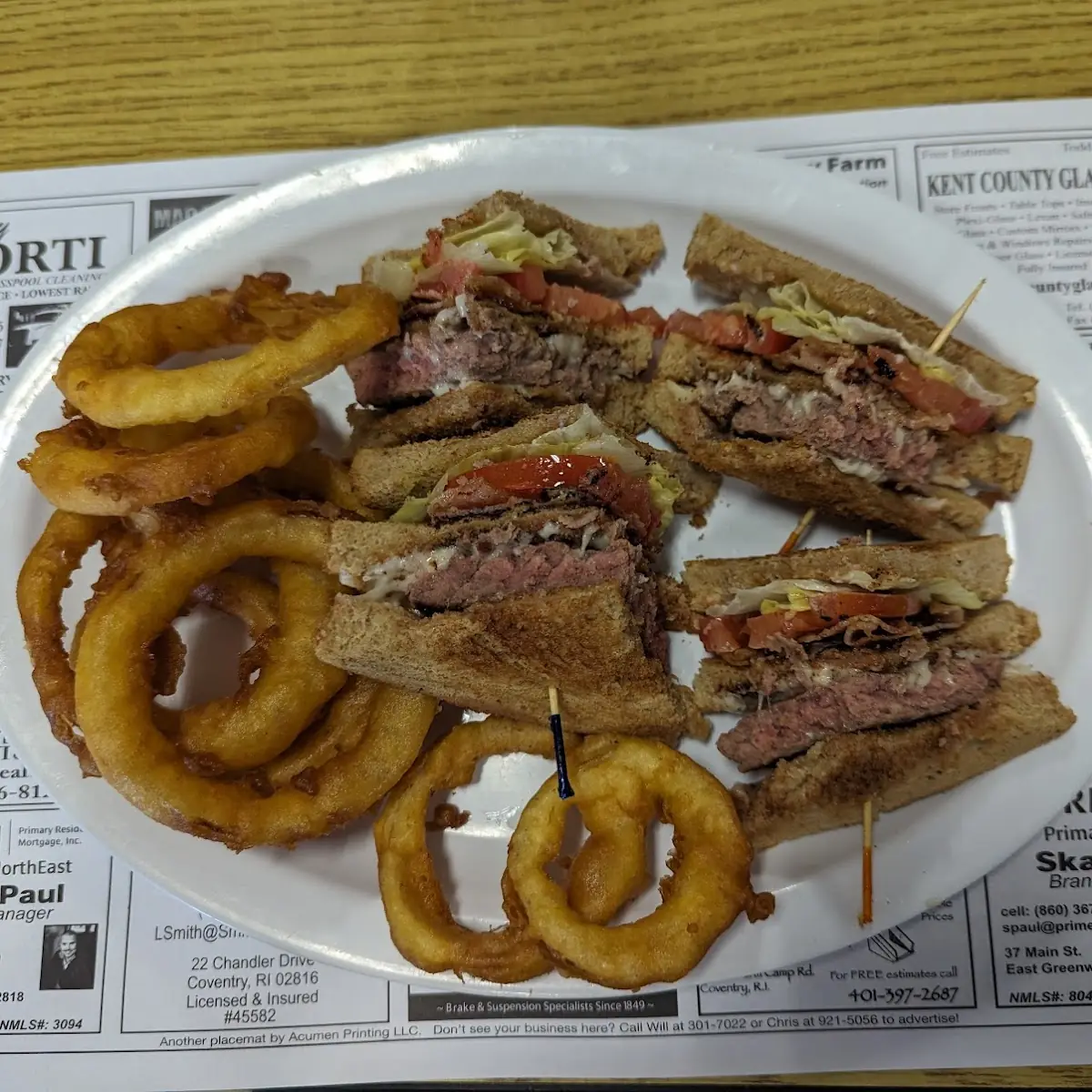 Cheeseburger Club Sandwich with Onion Rings