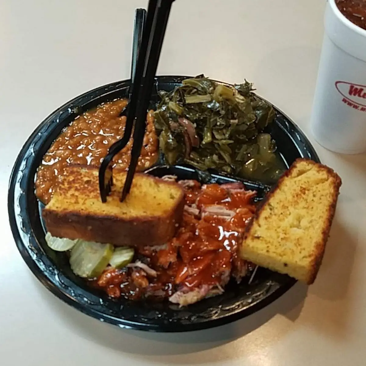 Pulled Pork with Fried Cornbread and Baked Beans and Potato Salad