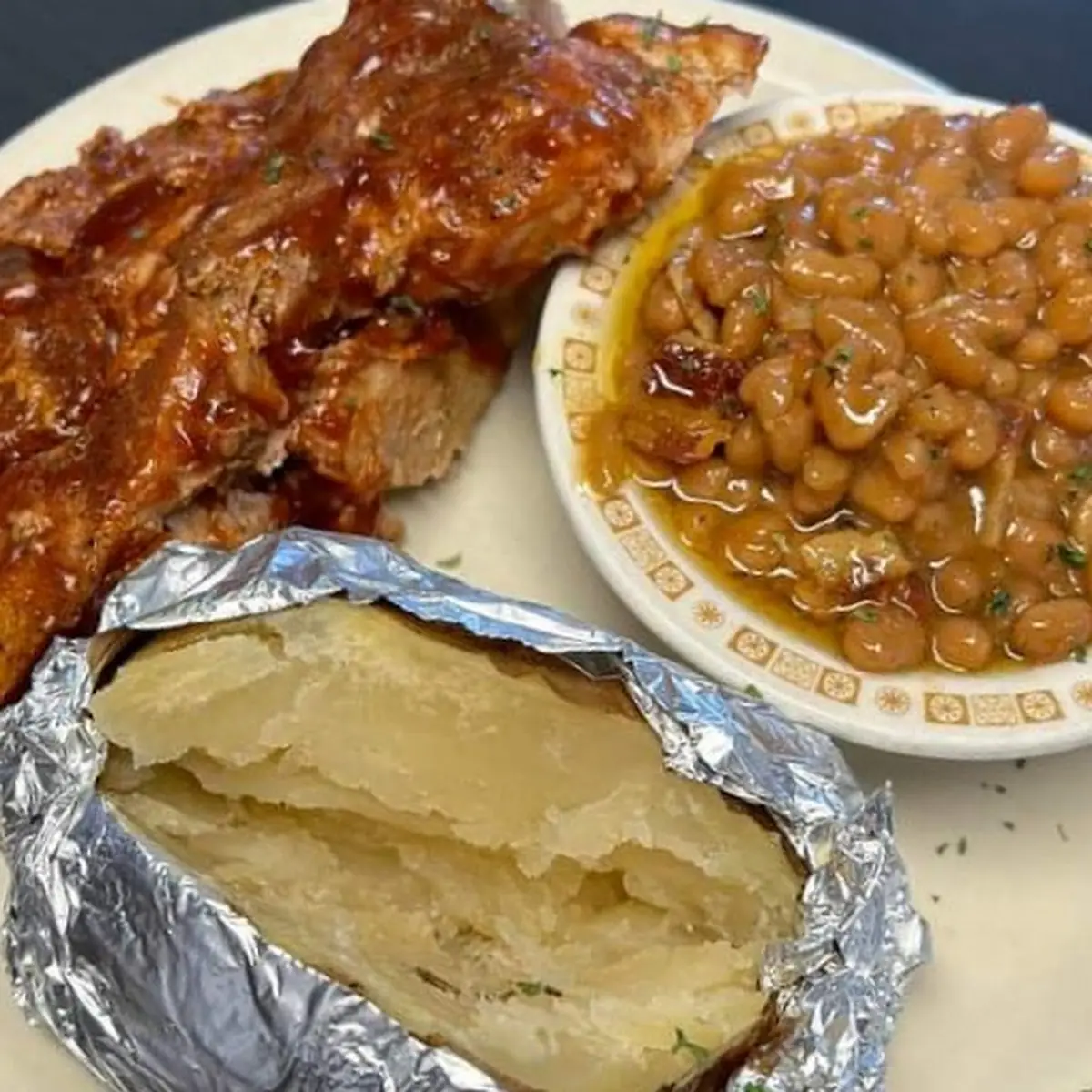 BBQ Ribs Baked Beans and Mashed Potatoes