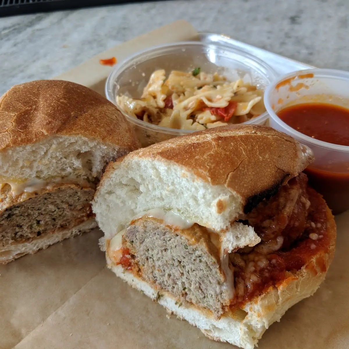 Meatball Sub and Pasta Salad